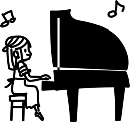 グランドピアノを弾く女の子の簡単なモノクロイラスト