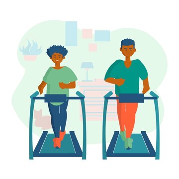 Smart African American Man And Woman On Treadmill Workout At Home Cartoon Illustration