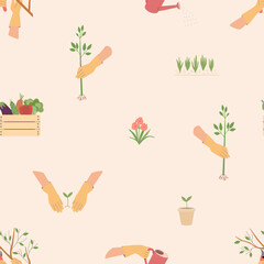 Seamless pattern with gloved hands performing gardening activities. Vector illustration in yellow and beige colors.