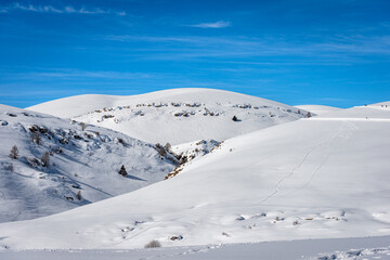 Snowy landscape in winter on the Lessinia Plateau (Altopiano della Lessinia), Regional Natural Park, near Malga Gaibana and Malga San Giorgio, ski resort in Verona province, Veneto, Italy, Europe.