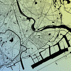 Kawasaki, Kanagawa, Japan (JPN) - Urban vector city map with parks, rail and roads, highways, minimalist town plan design poster, city center, downtown, transit network, gradient blueprint