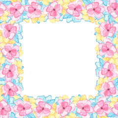 Obraz premium Floral Frame with watercolor multicolored pink flowers with blue and yellow petals. Delicate botanical illustration, wedding invitation.