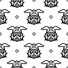 Seamless pattern with a black outline of a viking head. Good for backgrounds, textiles, brown paper, and postcards. Vector