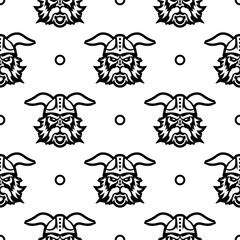 Seamless pattern with a black outline of a viking head. Good for backgrounds, textiles, brown paper, and postcards. Vector