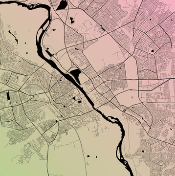 Mosul, Ninawa, Iraq (IRQ) - Urban vector city map with parks, rail and roads, highways, minimalist town plan design poster, city center, downtown, transit network, gradient blueprint
