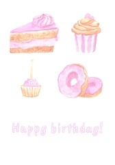 Layout of a greeting card with treats a piece of cake, cupcake,  cake pops, donuts happy birthday pink