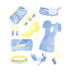 A set of accessories for an evening dress in blue color watercolor drawings