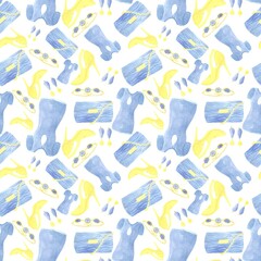 A pattern of evening dress items in blue and gold color watercolor