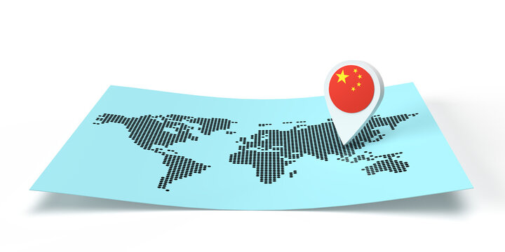 A 3D rendered country map locator pointing on a global destination on a flat world map. The symbol has the Chinese flag. The illustration is isolated on white background with shadow copy space