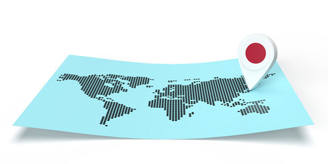 A 3D rendered country map locator pointing on a global destination on a flat world map. The symbol carries the Japanese flag. The illustration is isolated on white background with shadow copy space