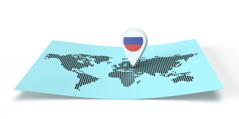 A 3D rendered country map locator pointing on a global destination on a flat world map. The symbol has the Russian flag. The illustration is isolated on white background with shadow copy space
