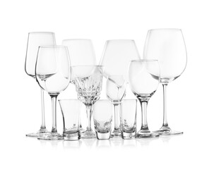 Set of new bar glassware on white background