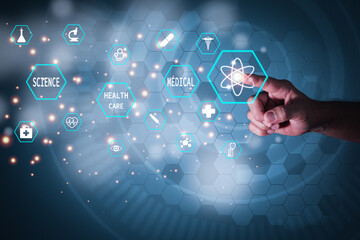 A man pointing at a medical symbol, symbolizing science, health care and public health. High tech circle background