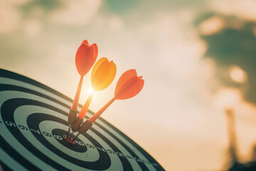 Close up shot of the dart arrow hit on bulleyes of dartboard to business. Dart is an opportunity...