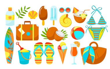 Summer items. Beach theme. Hello summer. The set includes ice cream, cocktails, coconut, swimsuit, beach bag, suitcase, sunscreen, surfboard, shells, slans, bucket with a shovel. Believe illustration 