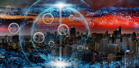 Airplanes in bubble between flying between two countries over Global network abstract particles render of earth over the cityscape at twilight time, Travel Bubble concept,