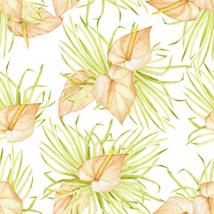 Fototapeta na wymiar Palm leaves, calla lilies, on an isolated background, in a trendy, boho style. Watercolor seamless pattern, for printing, on fabric and paper.