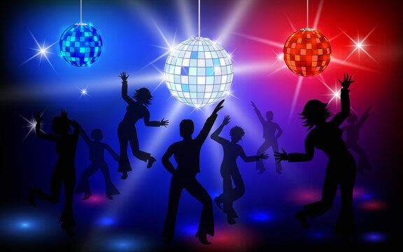 Disco ball with bright rays Soul , Party Time. Dancers. The entertainment facility in the past . Retro entertainment venue.
