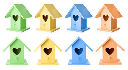 Set with different colorful bird houses on white background, banner design