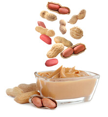 Delicious peanut butter in glass bowl on white background