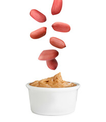 Delicious peanut butter in bowl on white background