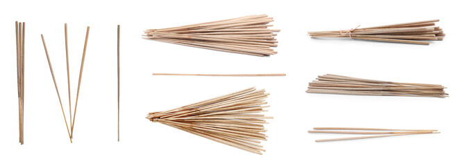 Set with aromatic incense sticks on white background. Banner design