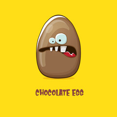 Cartoon chocolate easter egg cartoon characters isolated on yellow background. My name is egg vector concept illustration. funky sweet chocolate easter egg character with eyes and mouth