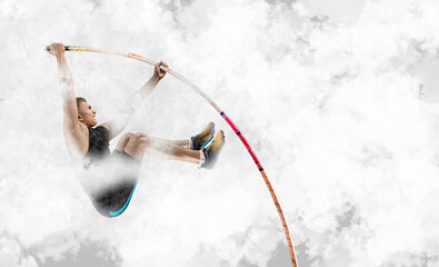 Professional pole vaulter training on smoke background. Sports banner