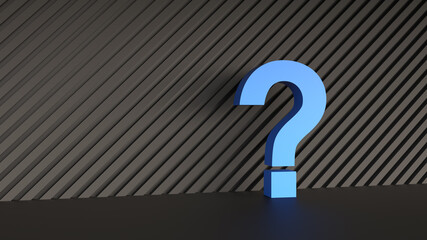 Blue question mark on abstract black background with empty copy space on left side, FAQ Concept. 3D Rendering