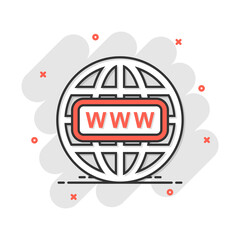 Vector cartoon go to web icon in comic style. Globe world sign illustration pictogram. WWW url business splash effect concept.