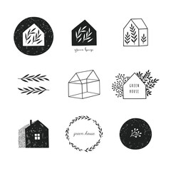 Collection of the hand drawn house and plants icons and logos. Garden, village, farm and house symbols. Vector illustration.