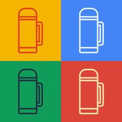 Pop art line Thermos container icon isolated on color background. Thermo flask icon. Camping and hiking equipment. Vector Illustration.