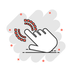 Vector cartoon click hand icon in comic style. Cursor finger sign illustration pictogram. Pointer business splash effect concept.