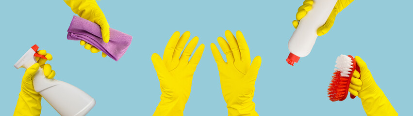 Rubber gloved hands with open palms and other gloved hands with cleaning supplies