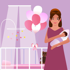 Mom with a baby in her arms. Children's birthday concept. The room with the bed is decorated with balloons. Holiday. Can be used for postcards in web design