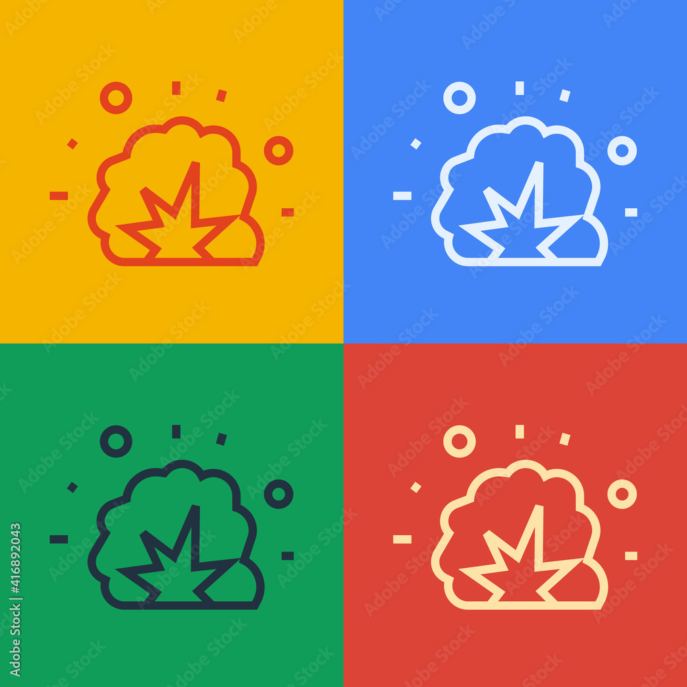 Poster pop art line bomb explosion with shrapnel and fireball icon isolated on color background. vector.