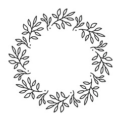 Vector hand drawn spring wreath isolated on white background. Outline circle of leaves. Doodle style. Floral frame.