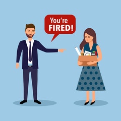 Businesswoman leaving job vector illustration. Fired office worker in flat design. Employee firing concept. Boss said you’re fired while company staff holding stuff with sad face.