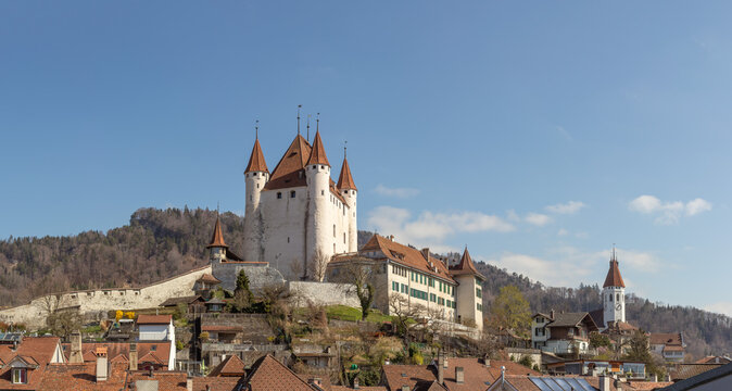 Thun city skyline with panoramic view of medieval castle and church on sunny day a swiss travel destination in switzerland bern.