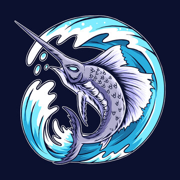 swordfish leaping wave blue water clip art preview