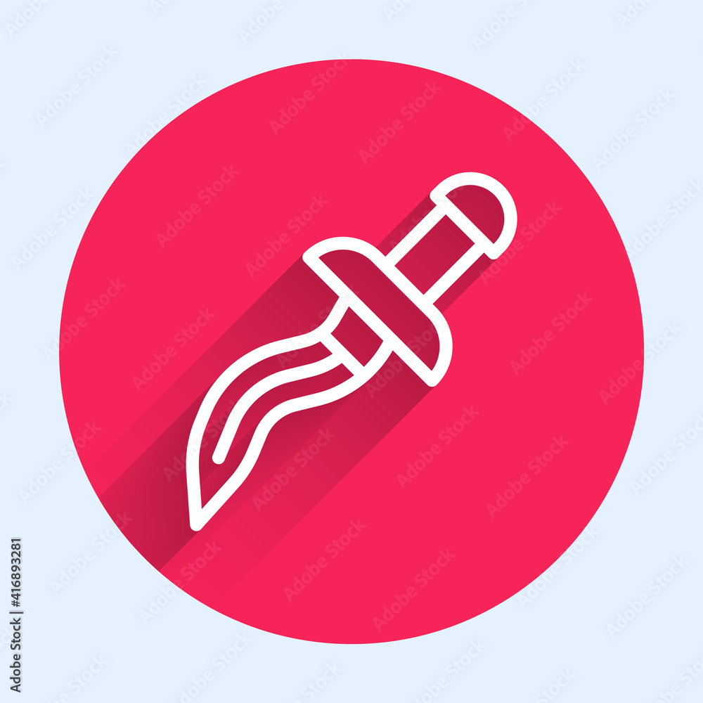 Poster white line dagger icon isolated with long shadow. knife icon. sword with sharp blade. red circle but