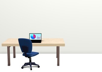 ワーキングスペース・オフィスチェア・デスク・ノートパソコン・グラフ　3DCG　白背景