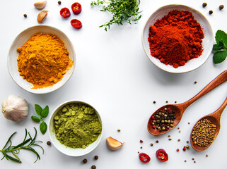 Various spices isolated on white background, top view