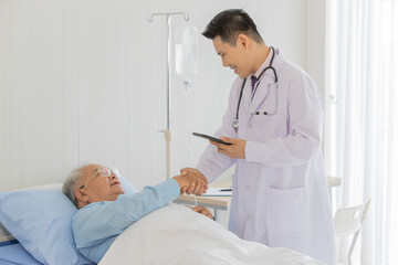 Fototapeta premium A young male asian doctor with black hair wearing white lab coat and stethoscope holding black tablet on left hand and holding old fat asian gray hair patient hand lying down 