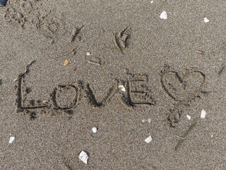 砂浜に書いたLOVEの文字