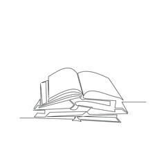 Draw a continuous line of piles of library books on the table. Business and education concepts. Vector illustration