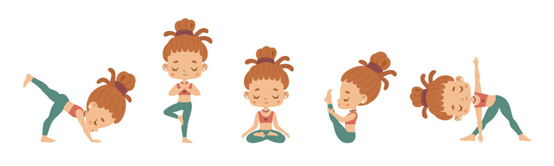 Set of flat girls doing yoga in different poses. Vector cartoon illustration.