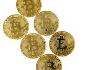 Golden bitcoin isolated on white background.