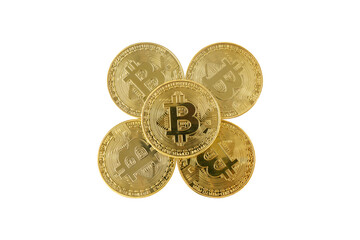 Golden bitcoin isolated on white background.