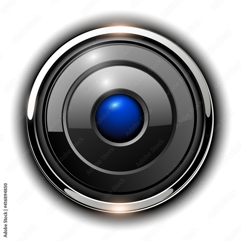Poster glossy 3d button, silver chrome metallic with blue inside, vector shiny icon.